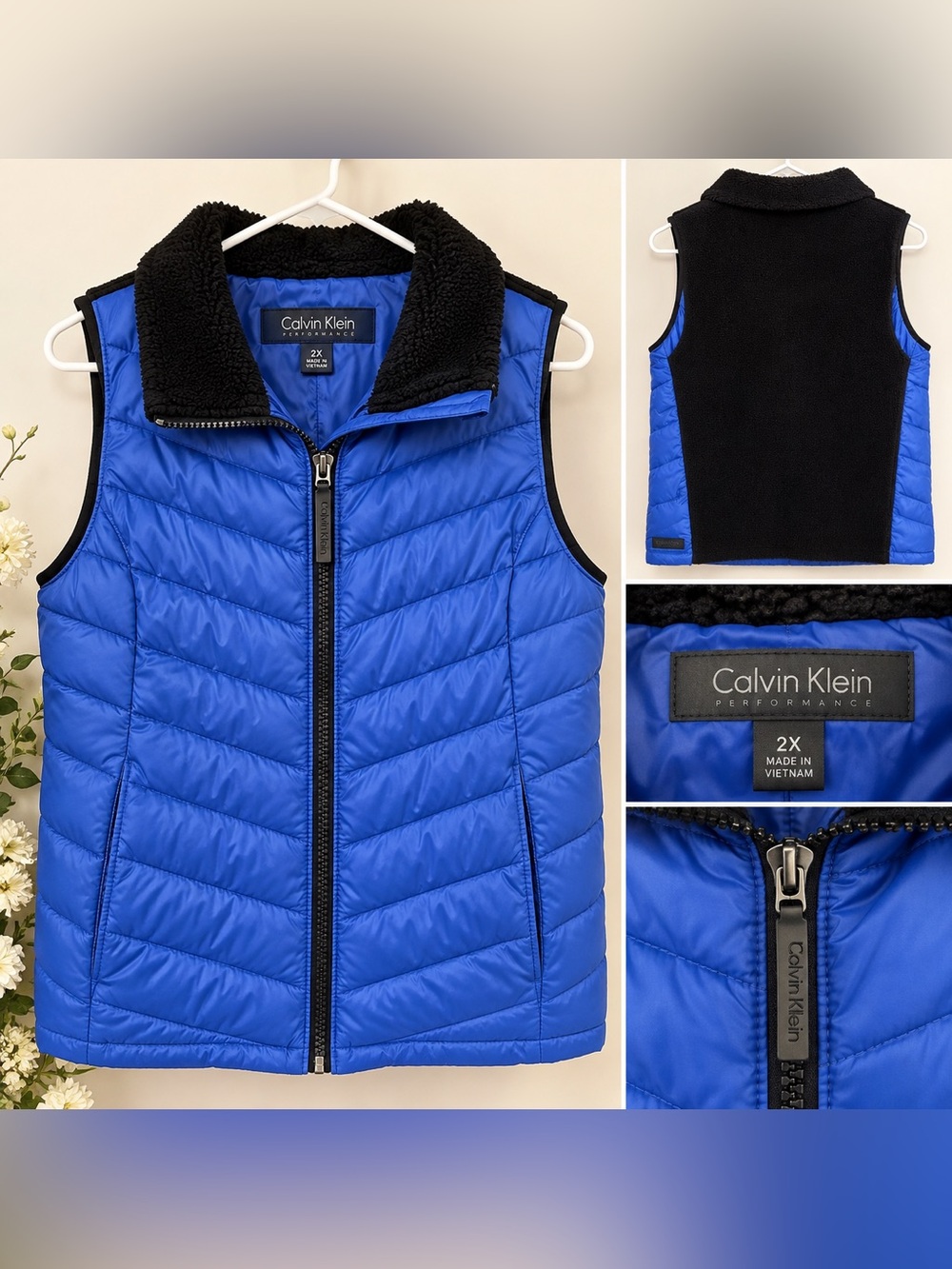 Calvin Klein Performance Royal Blue Quilted Vest with Black Fleece Collar